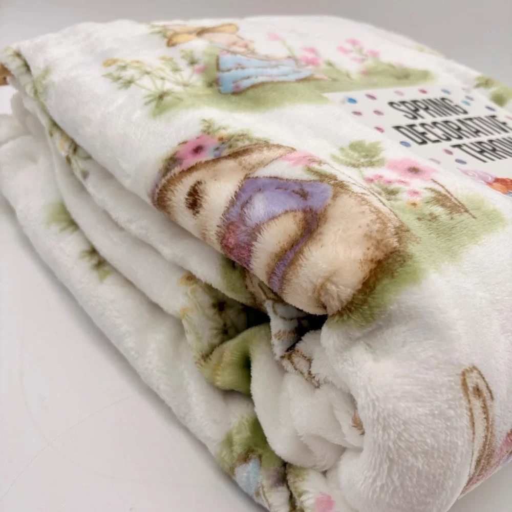 Adirondack Easter Spring‎ Throw Blanket White Bunnies Floral Garden  Tea party